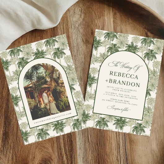 Antique Palm Tree Toile De Jouy Beach Wedding Einladung