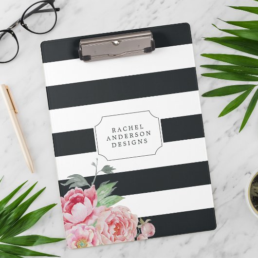 Antique Peony | Watercolor Floral Striped Klemmbrett