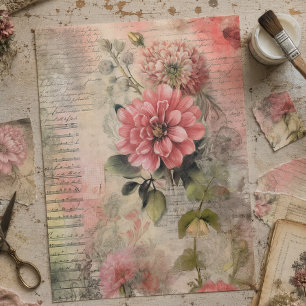 Antique Pink Floral, Ephemere, Script Decoupage Seidenpapier