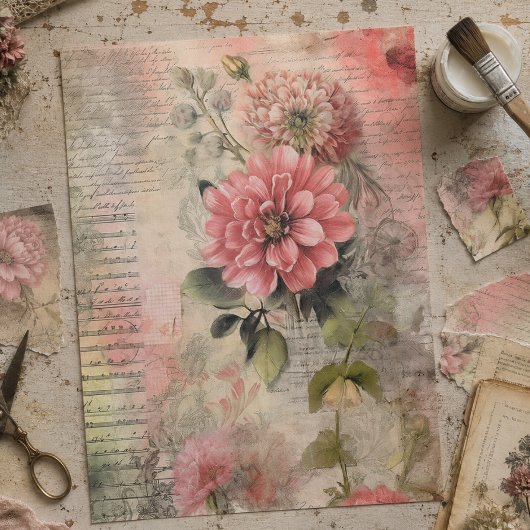 Antique Pink Floral, Ephemere, Script Decoupage Seidenpapier