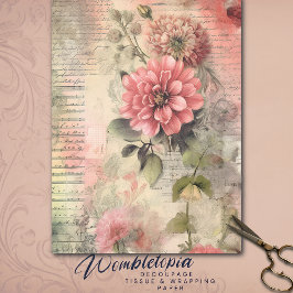 Antique Pink Floral, Ephemere, Script Decoupage Seidenpapier