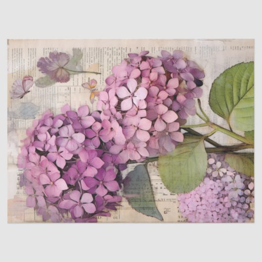 Antique Pink Hydrangea Ephemera Script Decoupage Seidenpapier (Vorderseite)
