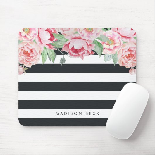 Antique Pink Peony & Charcoal Stripe Mousepad (Mit Mouse)