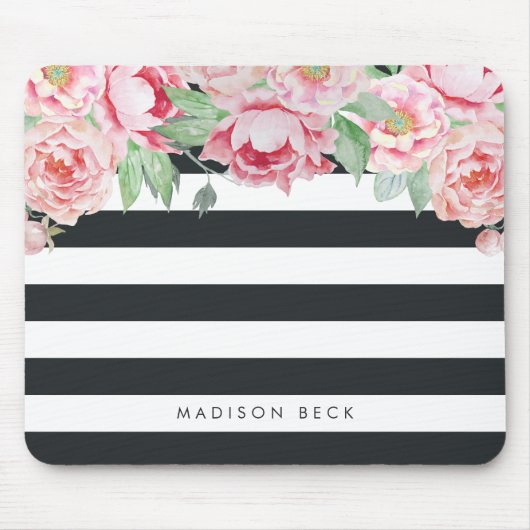 Antique Pink Peony & Charcoal Stripe Mousepad (Vorne)