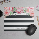 Antique Pink Peony & Charcoal Stripe Mousepad<br><div class="desc">Modern peony floral mousepad features chic off-black charcoal stripes with a bouquet of blush pink and sage green watercolor peonies blooming from the top. Personalize with a name,  monogram or message using the field provided.</div>