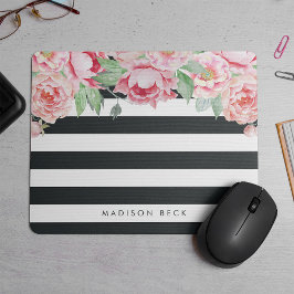 Antique Pink Peony & Charcoal Stripe Mousepad