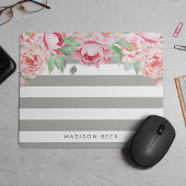 Antique Pink Peony & Greige Taupe Stripe Mousepad