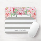 Antique Pink Peony & Greige Taupe Stripe Mousepad (Mit Mouse)