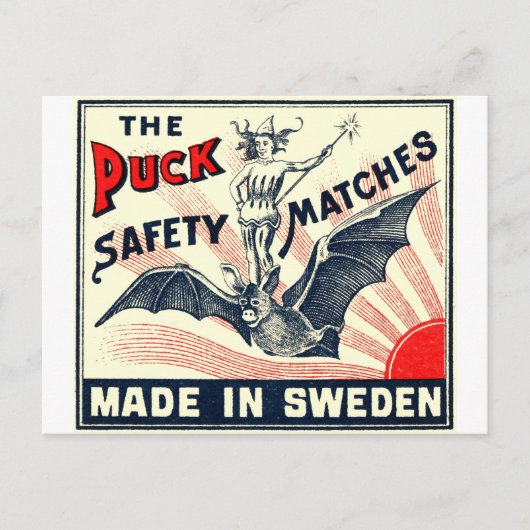 Antique Puck Riding Bat Swedish Matchbox Label Postkarte (Vorderseite)