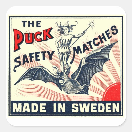 Antique Puck Riding Bat Swedish Matchbox Label Quadratischer Aufkleber (Vorderseite)