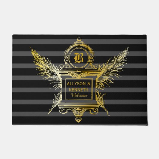 Antique Quill Feathers Classic Gold Frame Monogram Fußmatte (Vorderseite)