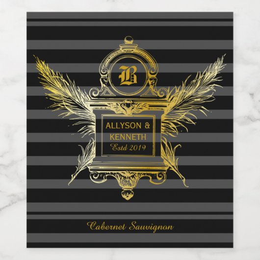 Antique Quill Feathers Classic Gold Frame Monogram Weinetikett (Einzelnes Label)