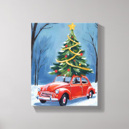 Antique Red Car Christmas Tree Leinwanddruck