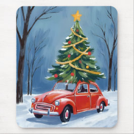 Antique Red Car Christmas Tree Mousepad
