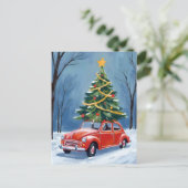 Antique Red Car Weihnachtsbaum Feiertagspostkarte (Stehend Vorderseite)