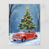 Antique Red Car Weihnachtsbaum Feiertagspostkarte (Vorderseite)