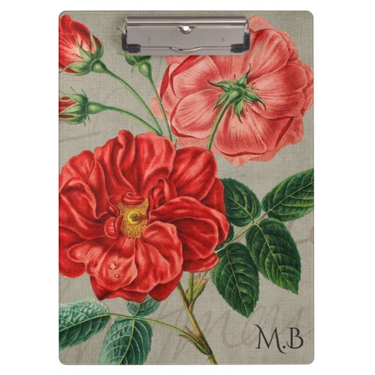Antique Red Rose Art on Grey Klemmbrett (Vorderseite)