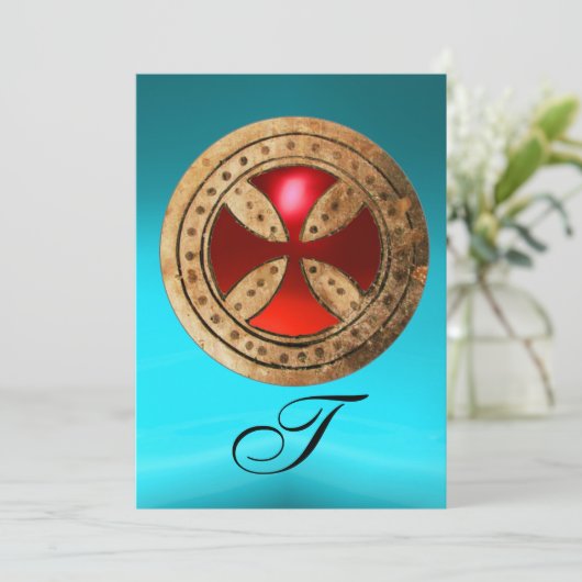 ANTIQUE RED RUBY CROSS BLUE BLACK DAMASK MONOGRAM EINLADUNG (Stehend Vorderseite)