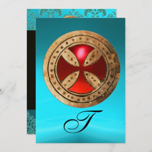 ANTIQUE RED RUBY CROSS BLUE BLACK DAMASK MONOGRAM EINLADUNG (Vorne/Hinten)