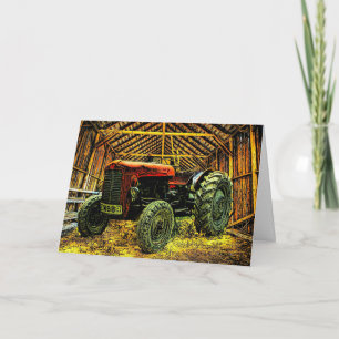 Antique Red Tractor Rustic Barn Karte