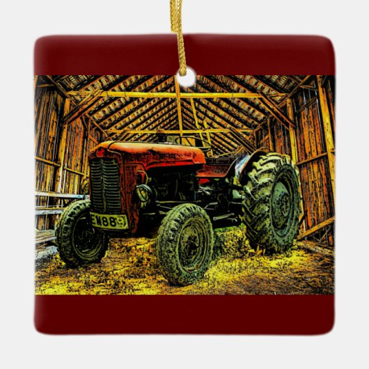 Antique Red Tractor Rustic Barn Keramikornament (Vorderseite)