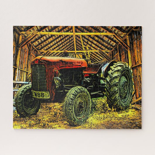 Antique Red Tractor Rustic Barn Puzzle (Horizontal)
