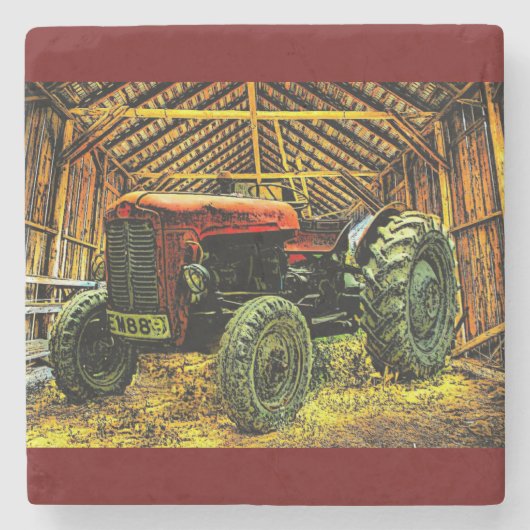 Antique Red Tractor Rustic Barn Steinuntersetzer (Vorderseite)