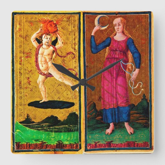 ANTIQUE RENAISSANCE TAROTS / DIE SONNE UND DER MON QUADRATISCHE WANDUHR (Vorderseite)