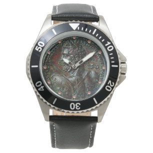 ANTIQUE ROMAN BRONZE MEDALLION MIT PINK GEMSTONES ARMBANDUHR