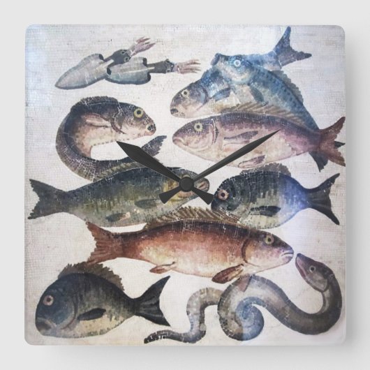 ANTIQUE ROMAN MOSAICS, FISCHE, MEERESLEBENSZENE QUADRATISCHE WANDUHR (Vorderseite)
