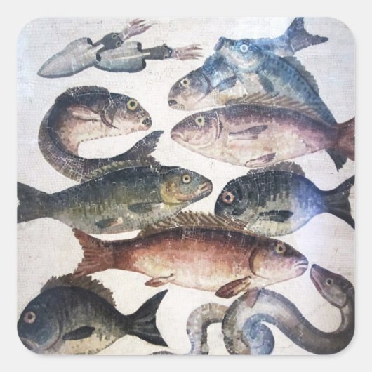 ANTIQUE ROMAN MOSAICS, FISCHE, MEERESLEBENSZENE QUADRATISCHER AUFKLEBER (Vorderseite)