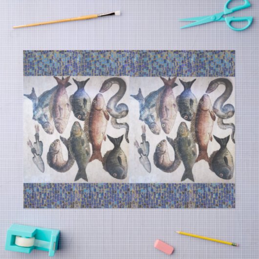 ANTIQUE ROMAN MOSAICS,FISCHE,OZEANSEESKENE SEIDENPAPIER (Basteln)