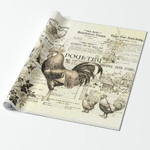 Antique Rooster Gartenbau Ads Ephemera Beige Geschenkpapier