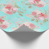 Antique Rose Bouquets von Redouté auf blau Geschenkpapier (Ecke)