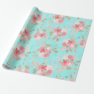 Antique Rose Bouquets von Redouté auf blau Geschenkpapier