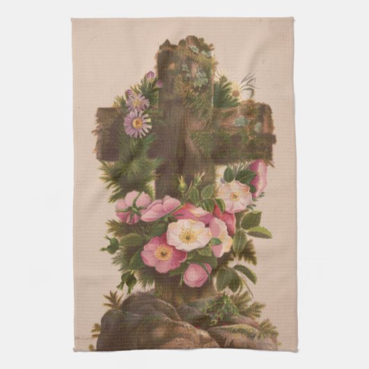 Antique Rustic Cross, Wild Roses, Easter Card, Geschirrtuch (Vertikal)
