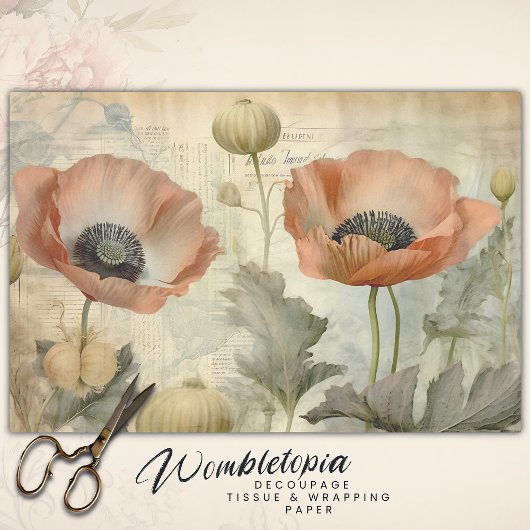 Antique Rustic Poppies Ephemera Decoupage Seidenpapier