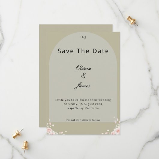 Antique Sage Green Whispered Petals Elegant Script Save The Date (Vorderseite/Rückseite Beispiel)