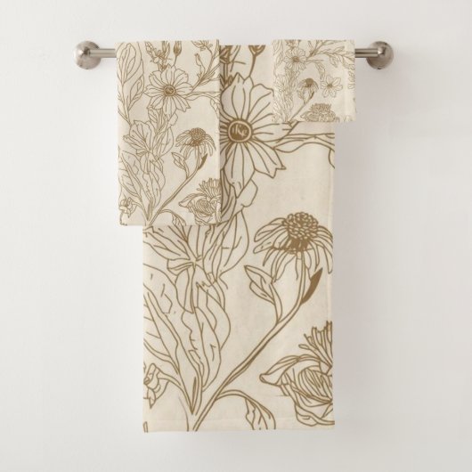 Antique Sepia Botanical Line Art Floral Pattern Badhandtuch Set (Insitu)