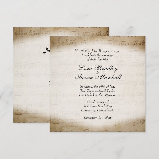 Antique Sheet Music Theme Wedding Einladung (Vorne/Hinten)