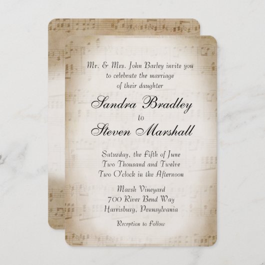 Antique Sheet Music Theme Wedding Einladung (Vorne/Hinten)