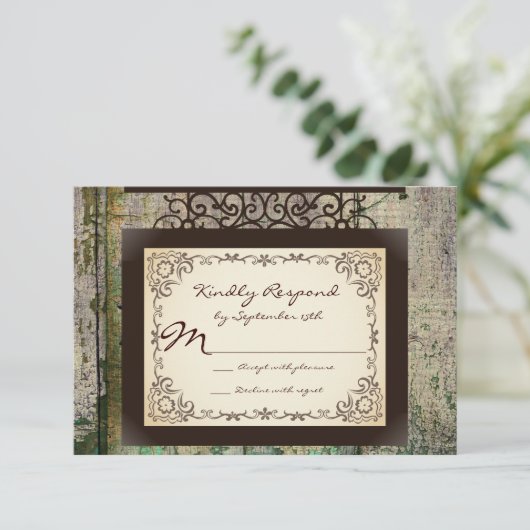 Antique Sign Rustic Country Wedding RSVP Cards (Stehend Vorderseite)