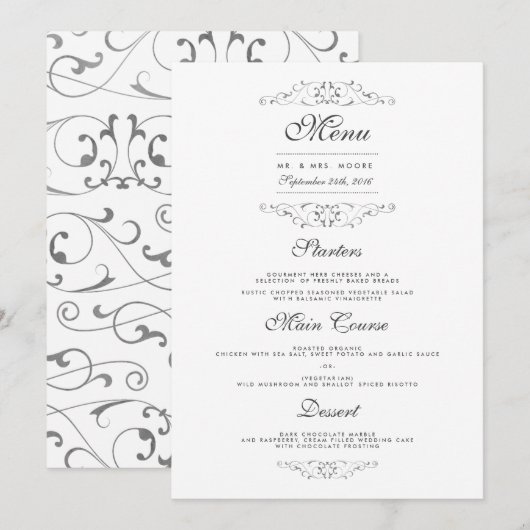 Antique Silver Blüh Wedding Dinner Menü Menükarte (Vorne/Hinten)