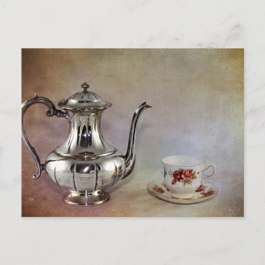 Antique Silver Tee Pot and Bone China Cup Postkarte (Vorderseite)