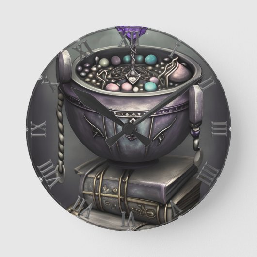 Antique Steampunk Cauldron | Zauberbücher Runde Wanduhr (Vorderseite)