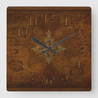 Antique Steampunk Compass Rose & Old World Map Quadratische Wanduhr