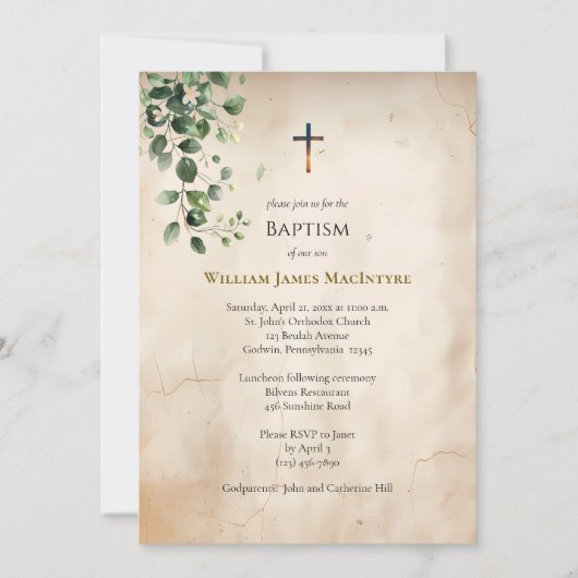 Antique Style Parchment Greenery Baptism Einladung (Vorderseite)