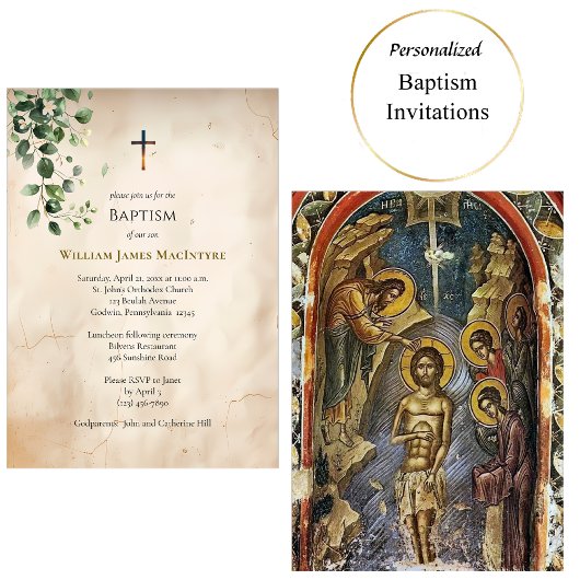 Antique Style Parchment Greenery Baptism Einladung