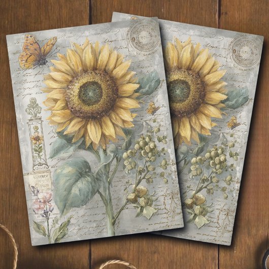 Antique Sunflower Botanical Ephemera Decoupage Seidenpapier