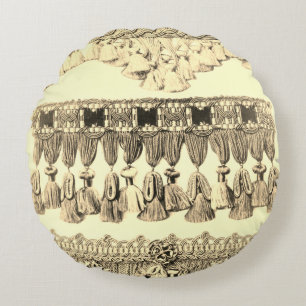 Antique Tassel Spitzen Stammbaum schwarz schwarz Rundes Kissen